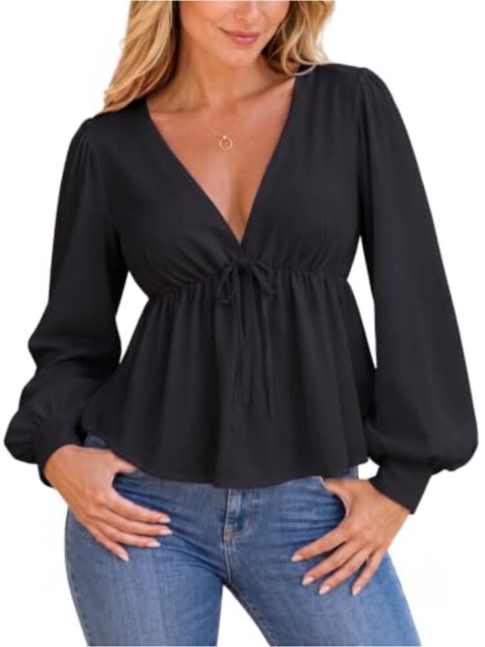 Womens Babydoll Peplum Top Deep V Neck Balloon Sleeve Blouse